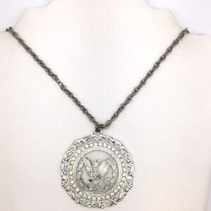 Vintage Signed Royal Eagle Medallion Pendant Necklace Rhinestone Accented